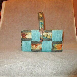 Time-Crafters PATCHWORK Raffia BASKET Crafted HANDMADE Lined BEADS Artisan 80s